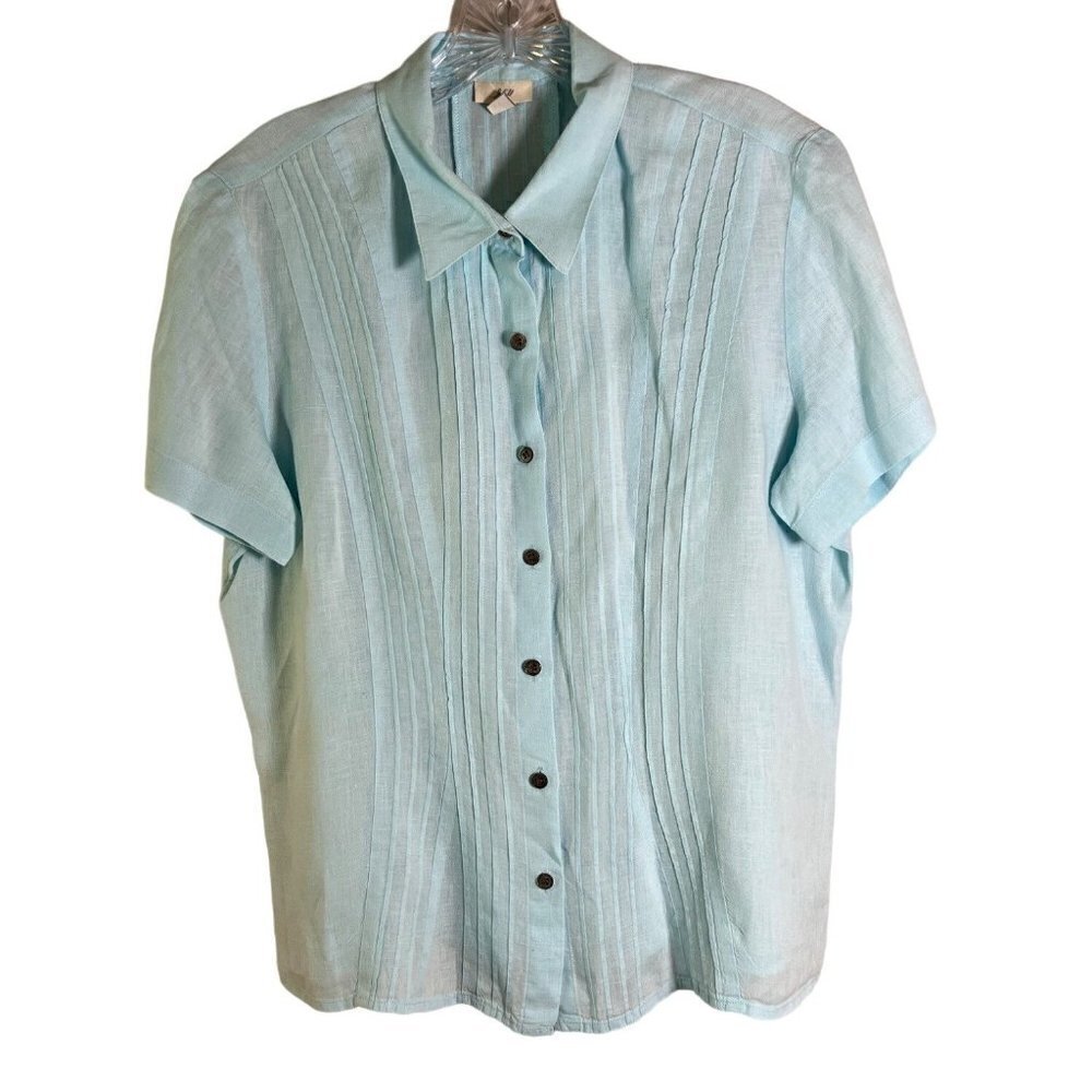 J. Jill Women's 100% Linen Blue Button Down Pintuck Blouse Size Medium - Picture 2 of 12